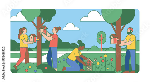 Diverse group of people building birdhouses and gardening together.