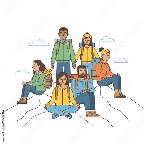 Diverse group of hikers resting on mountain peaks.
