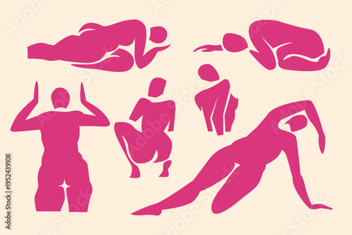 Human woman shapes, abstract cropped figure motion, crisp body lines. Silhouette full-body and body part bold color series, use graphic composition for placards and postures. Isolated. Vector.
