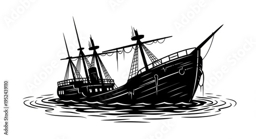 Sunken Ship Illustration - A Detailed Black and White Depiction of a Shipwreck.