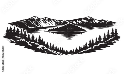 Crater Lake National Park Silhouette, Silhouette Vector, Isolated on White Background
