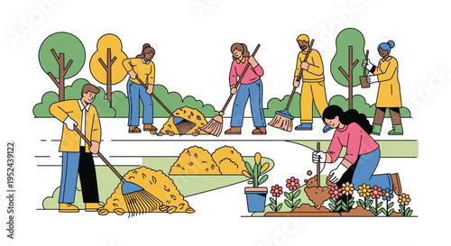 Diverse group of people working together in a garden planting flowers and digging soil.