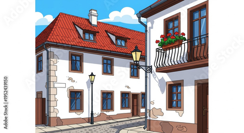 Charming European Townscape with Red-Roofed Buildings and Cobblestone Street.