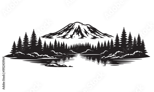 Fotografie Mount Rainier National Park Silhouette, Silhouette Vector, Isolated on White Bac