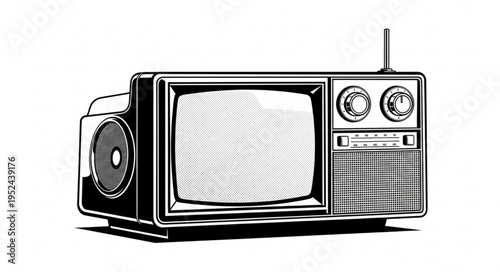 Vintage Television Set with Antenna and Speaker in Black and White.