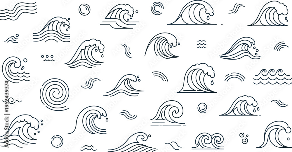 Obraz premium Ocean Wave Line Art Vector Set Featuring Hand Drawn Sea Waves, Water Swirls, Splash Elements, and Minimal Marine Motion Designs for Creative Use.