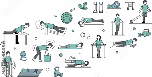 Physical Therapy and Rehabilitation Vector Illustration Set Featuring Patients Doing Exercises, Stretching, Strength Training, Mobility Recovery, and Physiotherapy Equipment for Healthcare Treatment.