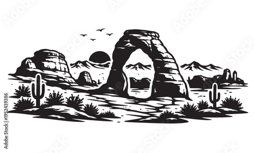 Quadro em tela Arches National Park Silhouette, Silhouette Vector, Isolated on White Background