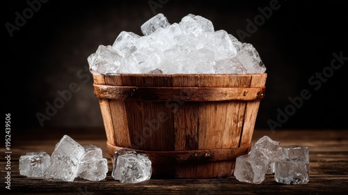 Wooden bucket filled with ice cubes on dark wooden surface