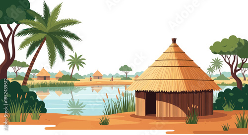 African Village Landscape with Thatched Hut and Palm Trees by the Water