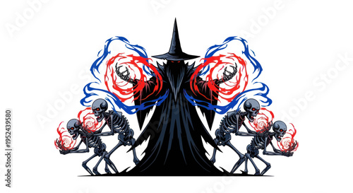 Dark Wizard Summoning Skeletons with Fire and Smoke