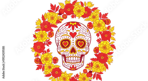 Day of the Dead Sugar Skull with Floral Wreath, Dia de los Muertos Celebration