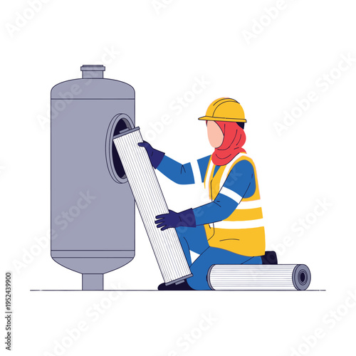Worker Installing Filter Cartridge in Industrial Equipment.