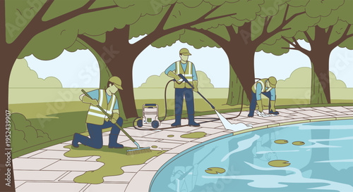 Workers cleaning pool area with equipment.