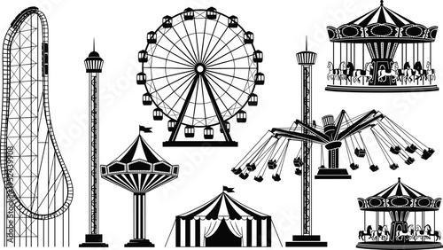 Amusement park ride silhouettes including ferris wheel, roller coaster, carousel, and circus tent for carnival event branding or theme park design.