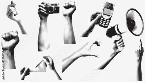 Retro Halftone Hands Collection Holding Camera Phone Megaphone and Gestures, Black and White Vintage Pop Art Design Elements