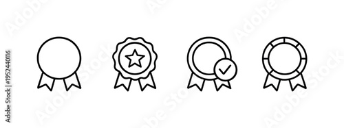 Minimal black outline award badge icons set with ribbon, star medal, verified seal, and circular rosette on a soft gray background for achievement concepts