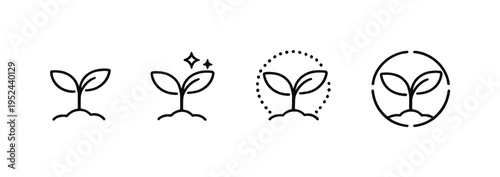 Minimal black line icons of seedlings and circular eco symbol on a yellow background, representing plant growth stages and sustainable nature concept