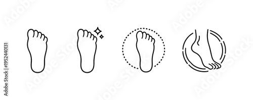 Minimal line icons showing bare feet positions and care routine, including footprints, sparkle hygiene, highlighted sole, and wash cleaning symbol