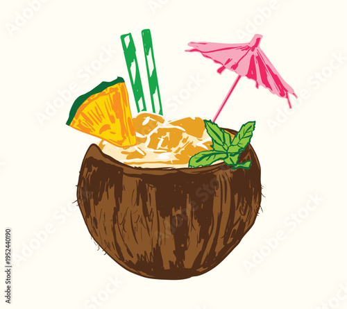 Pina Colada Cocktail in Coconut Shell with Pineapple and Umbrella