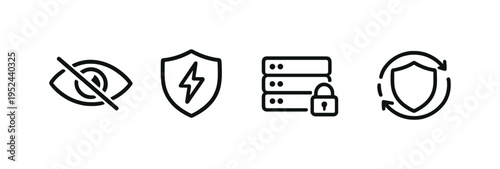 Minimalist cybersecurity and privacy icons on a gray background showing hidden visibility, shield protection, secure database lock, and account safety refresh