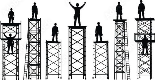 WebConstruction workers on scaffolding silhouettes with industrial builders, engineers, and repairmen for architectural building site, maintenance, and civil engineering projects.