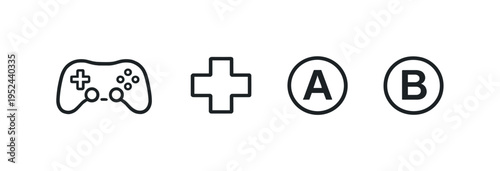 Minimal gaming concept illustration showing a game controller icon, plus symbol, and A and B buttons on a dark blurred background interface
