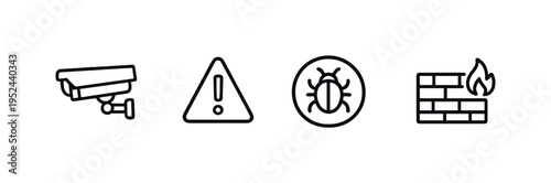 Minimal security and safety interface icons showing surveillance camera, warning alert, bug threat, and firewall barrier on gray background