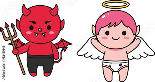 Cute cartoon devil and angel characters with wings and halo isolated on white background for kids stickers, 