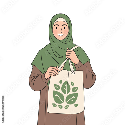 Young Muslim Woman Holding Eco-Friendly Tote Bag.