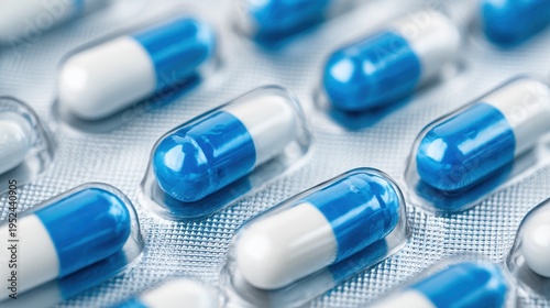 Close up of blue and white medical capsules in a blister pack