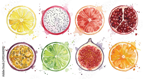 Watercolor collection of fresh fruit halves with splash vector art