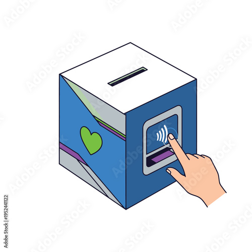 Donation box with contactless payment option and heart symbol.
