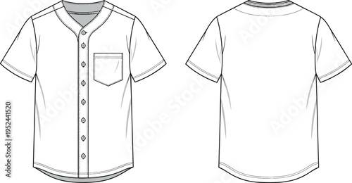 Blank Baseball Jersey Technical Flat Sketch Vector with Button Down Front Pocket Detail Front and Back Views for Fashion Design Mockup