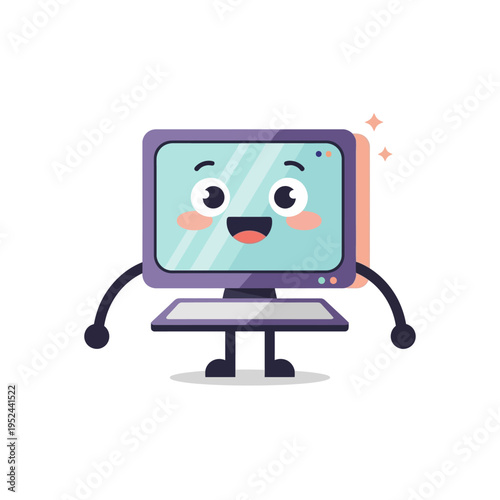 Happy cartoon computer character with arms and legs, smiling cheerfully