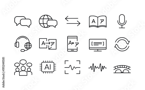 Minimal line icon set illustrating translation, multilingual communication, voice input, artificial intelligence processing, and audio waveform symbols