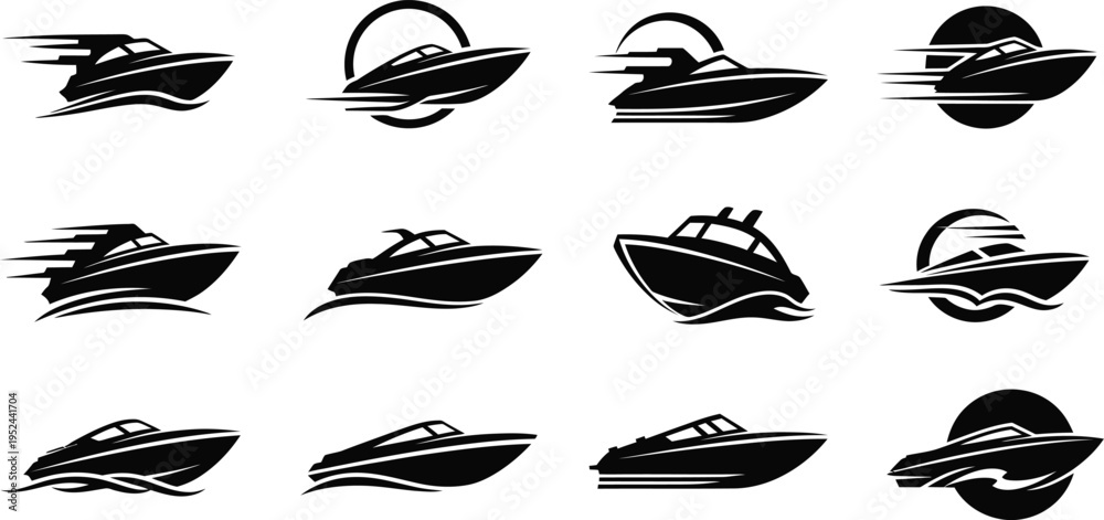 Fototapeta premium Collection of speedboat and jet ski icons in various angles and styles