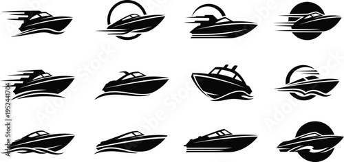 Collection of speedboat and jet ski icons in various angles and styles