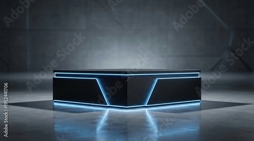 A futuristic black podium with glowing blue neon lights and carbon fiber texture on a polished concrete floor in a dark industrial setting a modern display platform