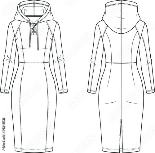 Long sleeve hooded midi dress technical fashion flat sketch with lace-up neckline detail and bodycon silhouette for vector design.