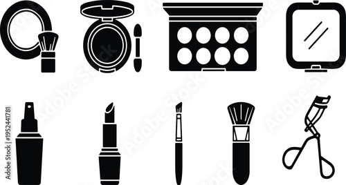 WebSet of makeup and cosmetic icons including lipstick, brush, palette, and mascara silhouette symbols for beauty salon branding or web design.