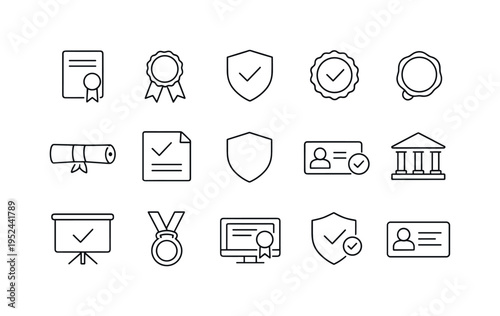 Minimal line icons showing certificate, diploma, shield, verified badge, ID card, medal, presentation screen, and institution symbols for accreditation