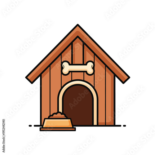 Simple Wooden Dog House with Bone Decoration and Food Bowl.