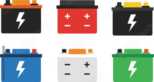 Set of colorful car battery icons with lightning bolt symbols representing automotive power and vehicle energy storage solutions.
