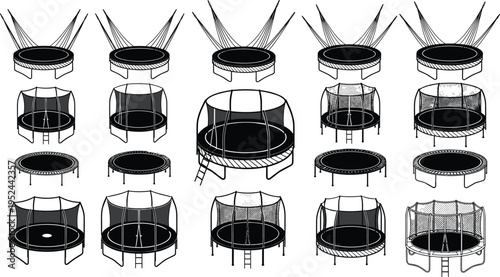 Set of trampoline icons and silhouettes with safety nets and bungee jumping equipment for backyard fun, sports fitness, and recreation.