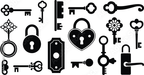 Set of vintage key and lock silhouettes with heart padlock, skeleton keys, and door hardware for security, mystery, and romance.