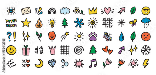 Cute mini doodle icons for primary school, smiles and symbols, colorful, hand drawn