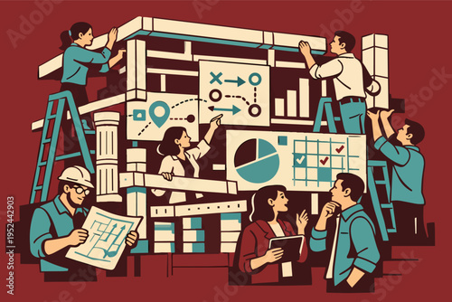 Business team collaborating on a construction project, analyzing data, developing strategy, and building for success