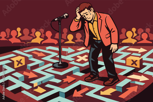 Speaker experiencing stage fright on a maze-like stage, feeling nervous and confused with an audience watching