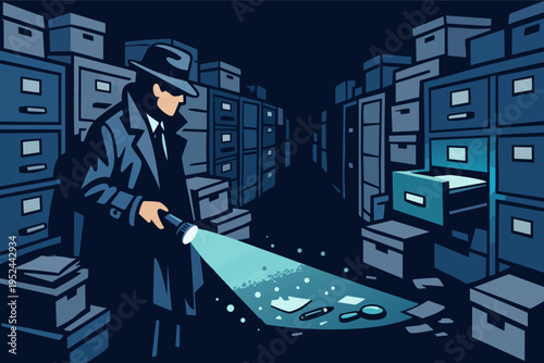 Detective investigating a mystery, searching for clues in a dark archive with a flashlight, uncovering secrets